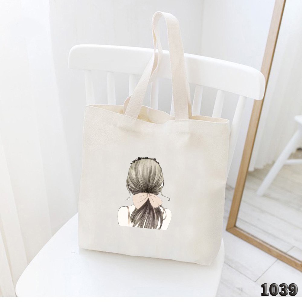 TÚI TOTE TRẮNG CHẤT VẢI CANVAS 1039 CÔ GÁI QUAY LƯNG DỄ THƯƠNG HÀNG CHUẨN ĐẸP