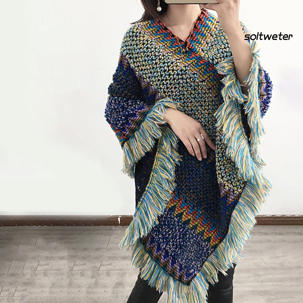 Áo choàng dệt kim cổ chữ V phối tua rua nhiều màu thời trang thu đông cho nữ