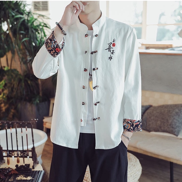 Áo Sơ Mi Cotton Lanh Tay Dài Cổ Đứng Thêu Họa Tiết Phong Cách Trung Hoa Retro Cho Nam