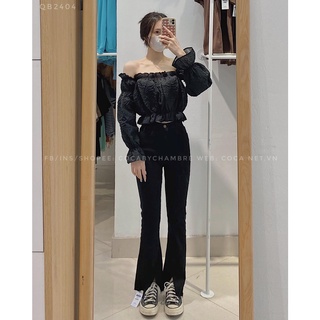 [QB2404] Quần jeans đen loe xẻ giữa mã 2404 (Có sẵn/Ảnh thật)
