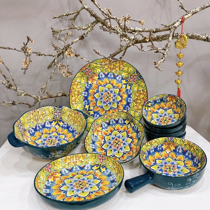 Bộ bát đĩa gốm sứ decor hoạ tiết thổ cẩm siêu đẹp