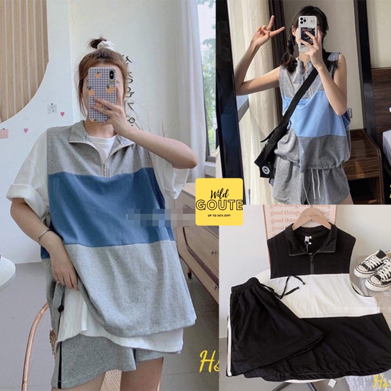 Set Bộ Đùi Khóa Cổ Phối Sọc Ngang 2 Màu Hot Trend 2022 Wild.Goute SP000993