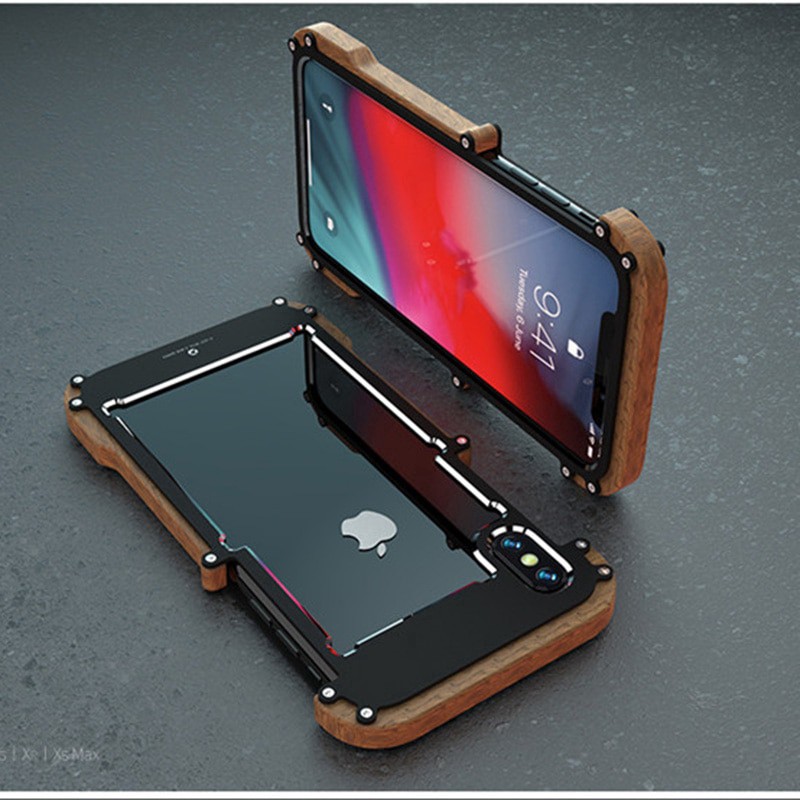 iPhone 12/12 pro max Ốp lưng kim loại phối gỗ độc đáo cho điện thoại X Xs XR 5 se 6 6S Plus 7 8
