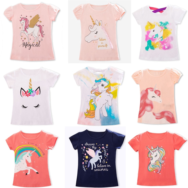 Áo phông trẻ em mùa hè mới Áo phông in hình Unicorn cho bé gái 3-8 tuổi Áo phông họa tiết thông thường