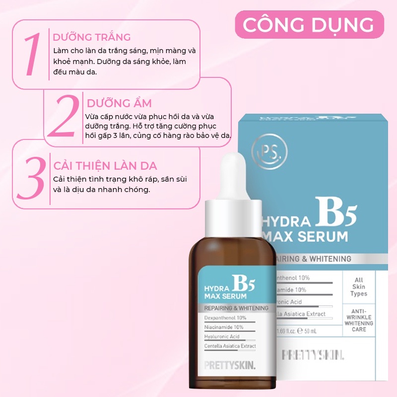 Tinh Chất Serum Phục Hồi, Dưỡng Trắng B5 Hydra B5 Max Serum Repairing &amp; Whitening Prettyskin Hàn Quốc 50ml