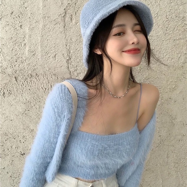 Set len lông áo 2 dây + cardigan