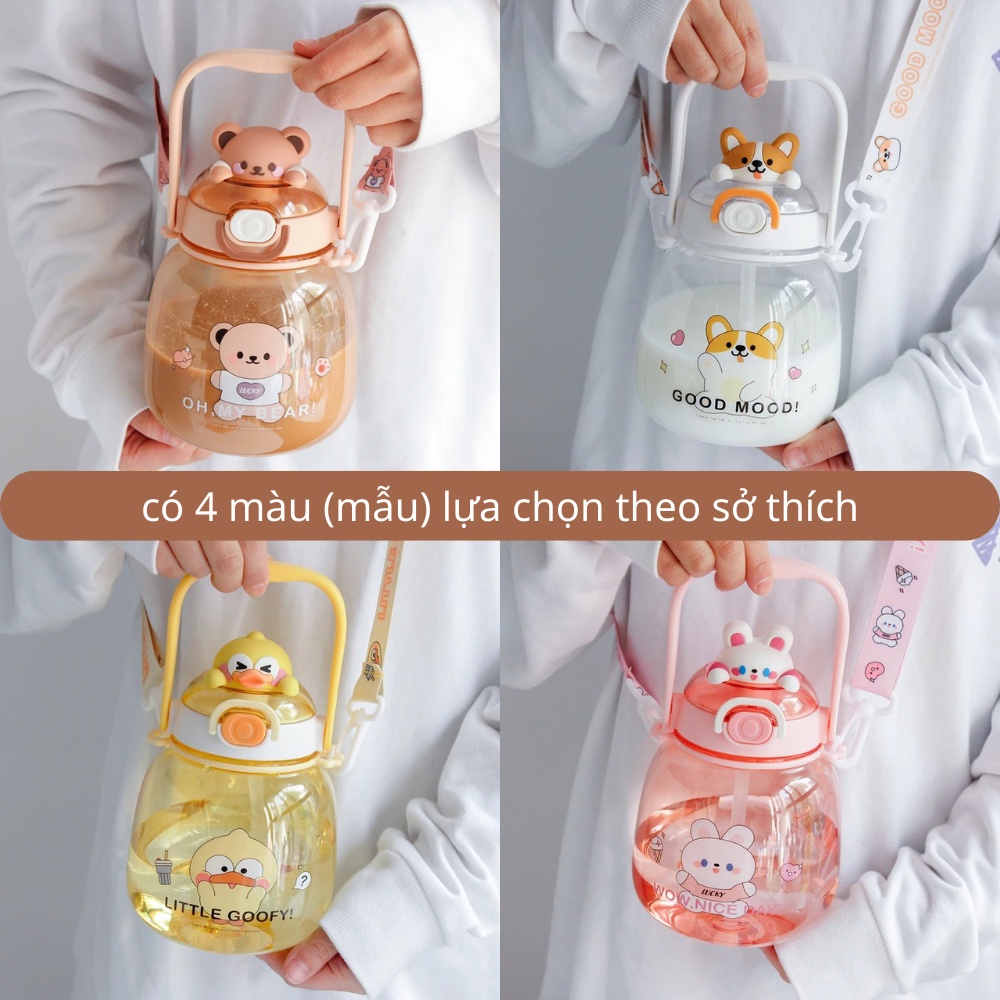 Bình nước cute nhựa 1300ml có tay cầm TiLoKi TBM.02 có dây đeo tặng kèm