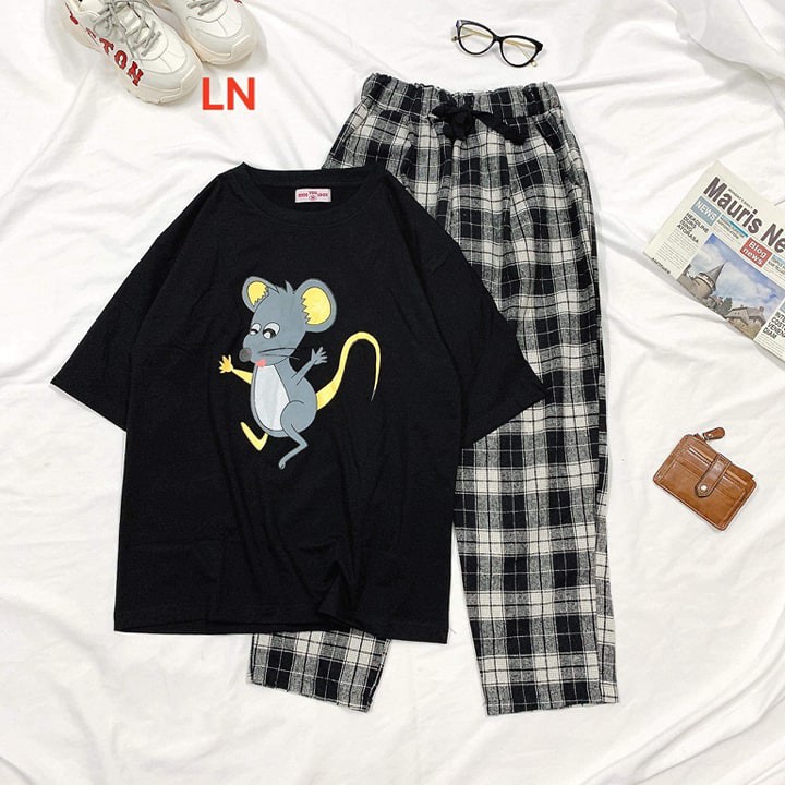 Set đồ áo thun chuột quần caro siêu đẹp