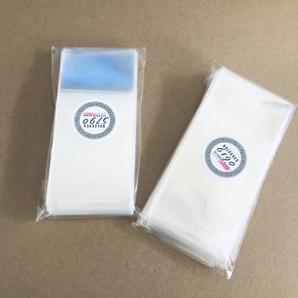 Xấp 100 cái bọc thẻ bài CÓ DÁN, sleeve USLEEVES có dán 5.7x9cm, 6.1x9cm đựng thẻ bài, card idol, double sleeves