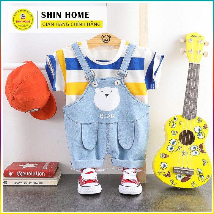 Set đồ bé trai gồm áo thun kẻ sọc và quần yếm jean dài chất bao đẹp xịn xò