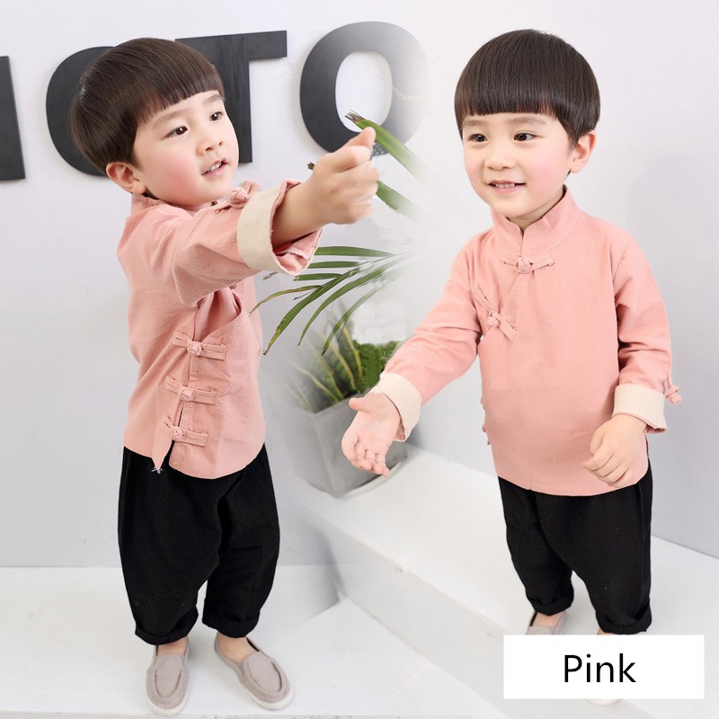 Set áo kiểu Tàu trơn màu có khuy chéo vạt + quần dài tối màu cực độc cho bé