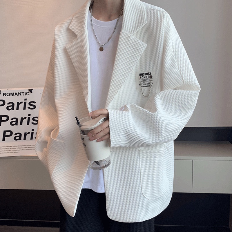 ♞AFF LIGA♞ Áo khoác blazer tay dài dáng rộng 1 hàng nút có túi áo màu đen trắng trơn thời trang Hàn Quốc đơn giản cho nam
