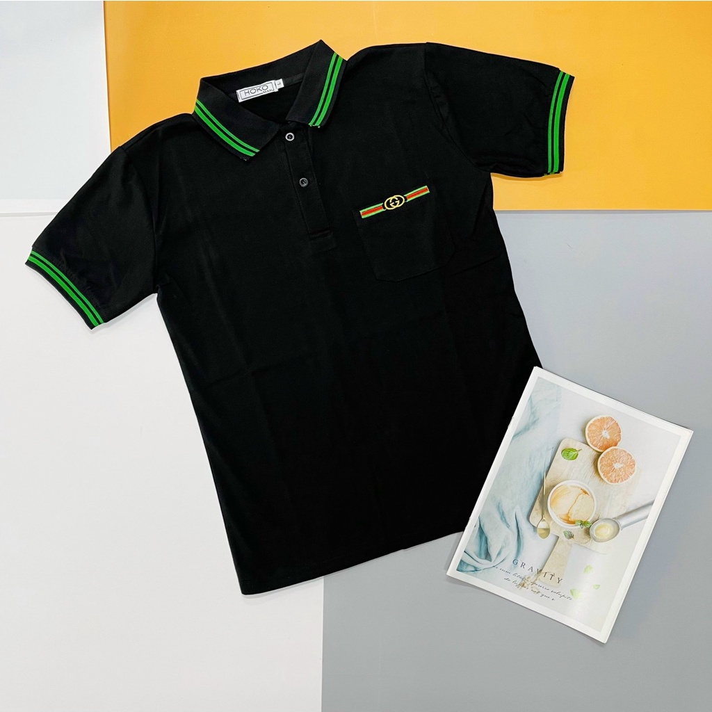 ÁO THUN POLO NAM NỮ HỌA TIẾT LOGO GC PHỐI SỌC XANH LÁ THỜI THƯỢNG