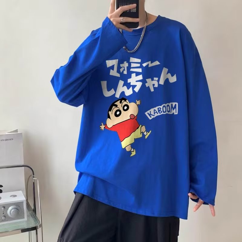 Áo Thun Tay Dài Dáng Rộng In Hình Cậu Bé Bút Chì Shin Size M-3XL Thời Trang Đường Phố Cho Nam Và Nữ