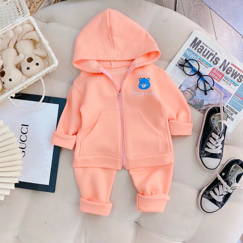 Bộ nỉ bông cho bé trai bé gái dầy dặn kèm mũ_Quần áo trẻ em dài tay thu đông