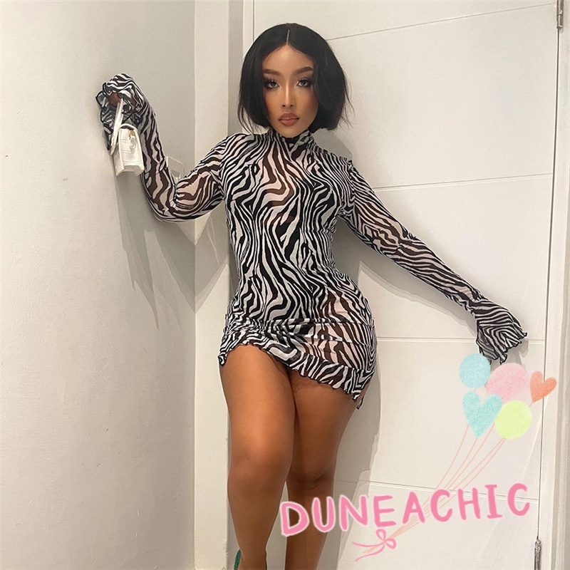 Đầm Tay Dài Cổ Cao Dáng Ôm Kẻ Sọc Thời Trang Xinh Xắn Cho Nữ