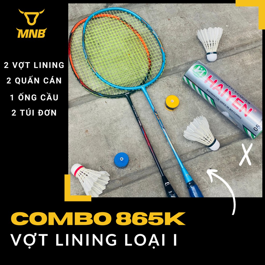 Combo 2 vợt cầu lông Lining phôi giá rẻ và 1 ống cầu Hải yến,vợt đã căng cước, tặng kèm quấn cán vợt và túi đựng vơt