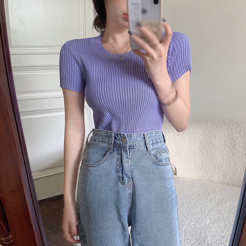 Áo Thun Dệt Kim Tay Ngắn Cổ Tròn Dáng Ôm Thời Trang Cho Nữ