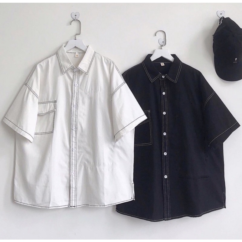 Áo Sơ Mi Tay Ngắn Chỉ Nổi Unisex Chất Kaki Đẹp Thoáng Mát, Sơ Mi Nam Nữ Viền Nổi Cao Cấp