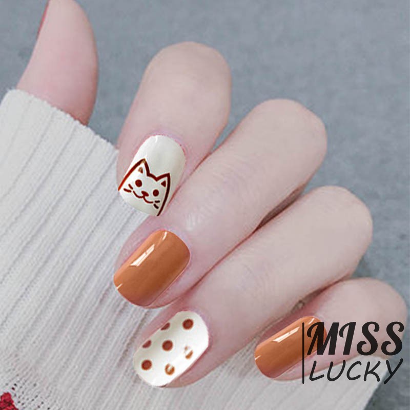 ❤HHN-VN Summer Cartoon Young Girl Heart Nail Patch Hyuna Style Cute Cartoon kitten Wave Point Students Wearable Fake Nai