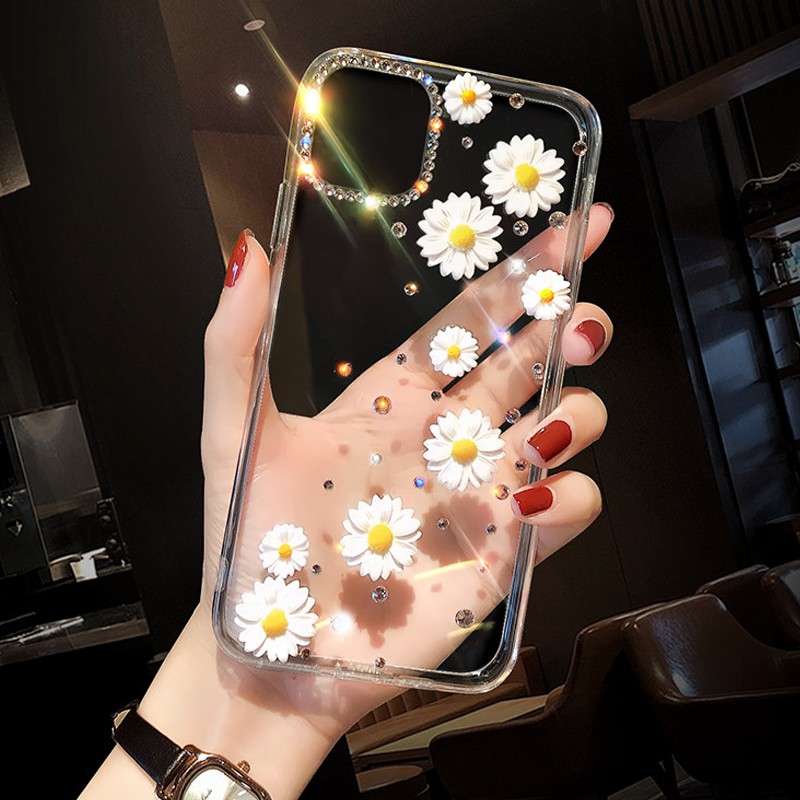 Ốp Lưng Điện Thoại iPhone 15 14 13 11 12 Pro Max X XR XS 7 8 Plus Ốp Lưng Sang Trọng Lấp Lánh Kim Cương Vàng Hoa Cúc Trong Suốt
