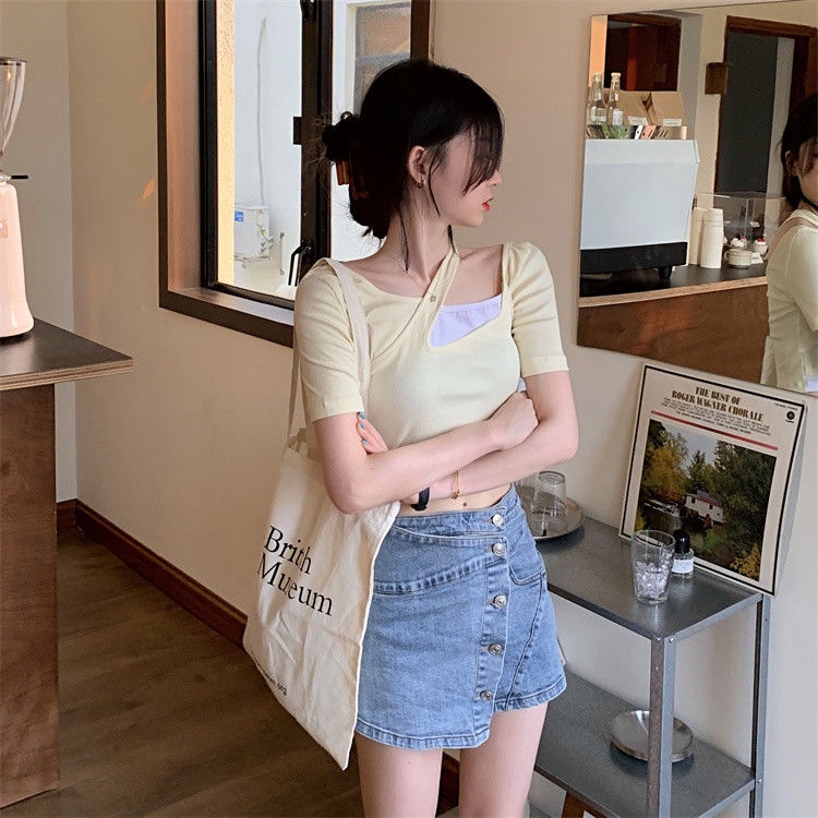 Áo Thun Trễ Vai Giả Hai Lớp Dáng Ôm Trẻ Trung Cá Tính Dành Cho Nữ