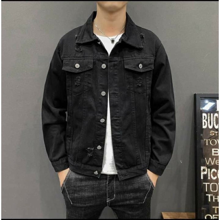 Áo khoác jean nam đen rách - áo đen và xanh trơn basic form unisex size 40-85kg