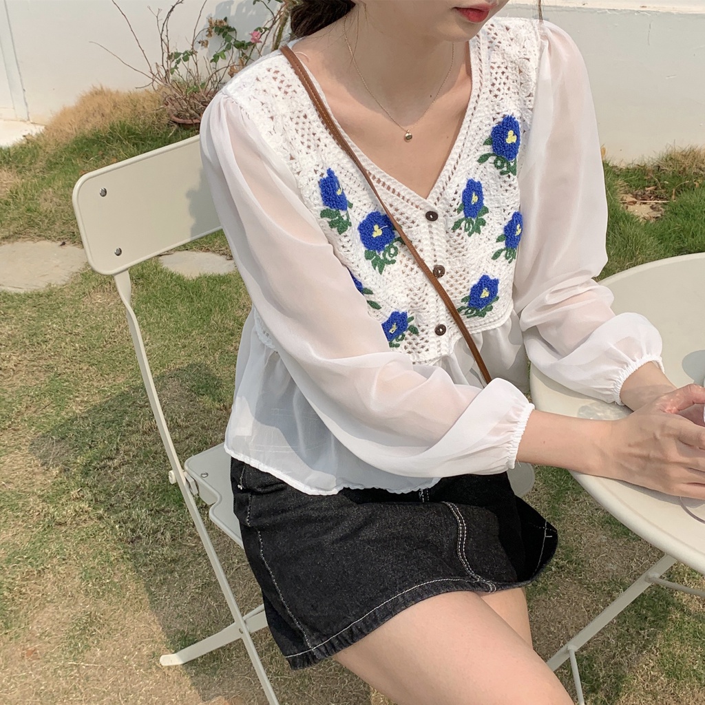 SUXI Áo Sơ Mi Tay Dài Cổ Chữ V In Họa Tiết Hoa Phong Cách Vintage Hàn Quốc