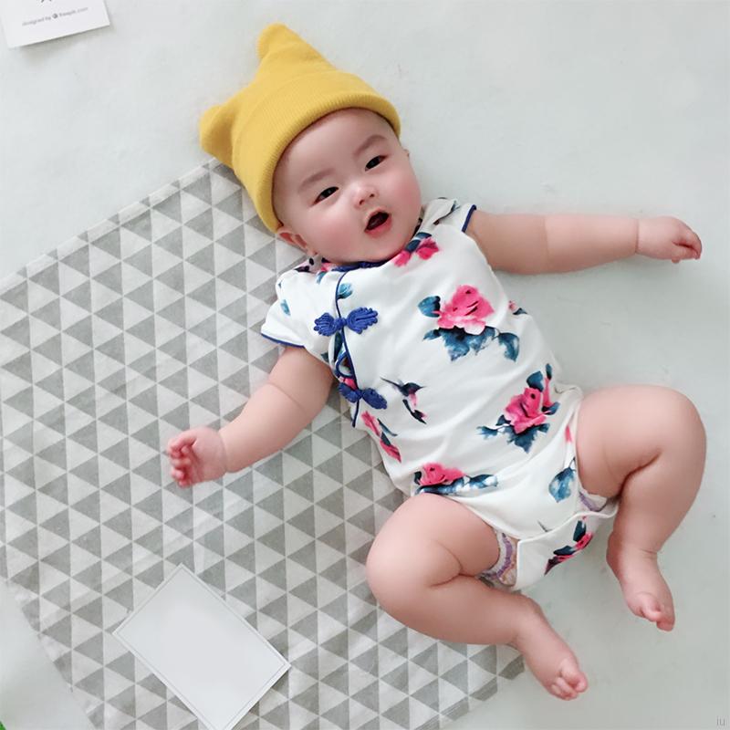 IU Summer Baby Girl Cute Flower Pattern Short Sleeve Romper Chinese Style One-piece Cheongsam Jumopsuit