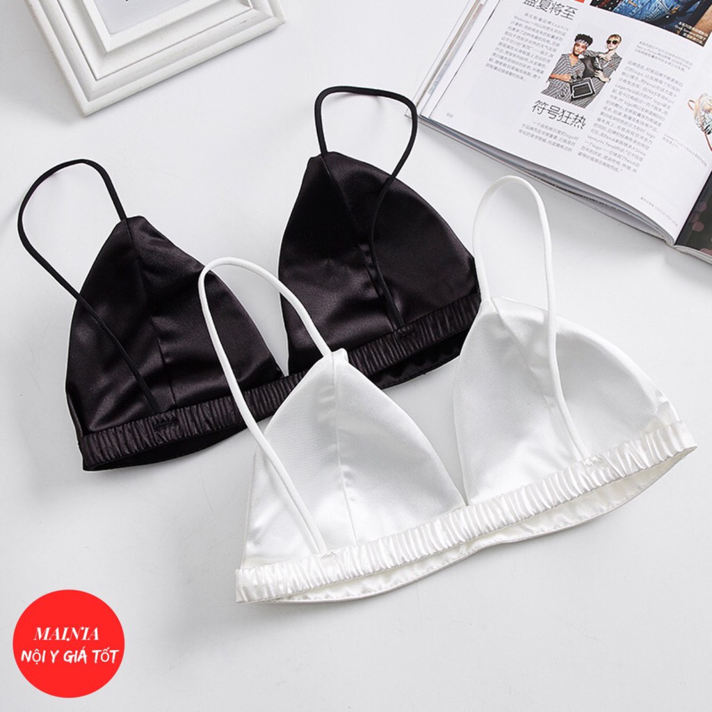 Áo Lót Bra Vải Satin Lụa Phi Bóng Hai Dây Màu Đen Trắng Lưng Chun Sexy Mainia Shop
