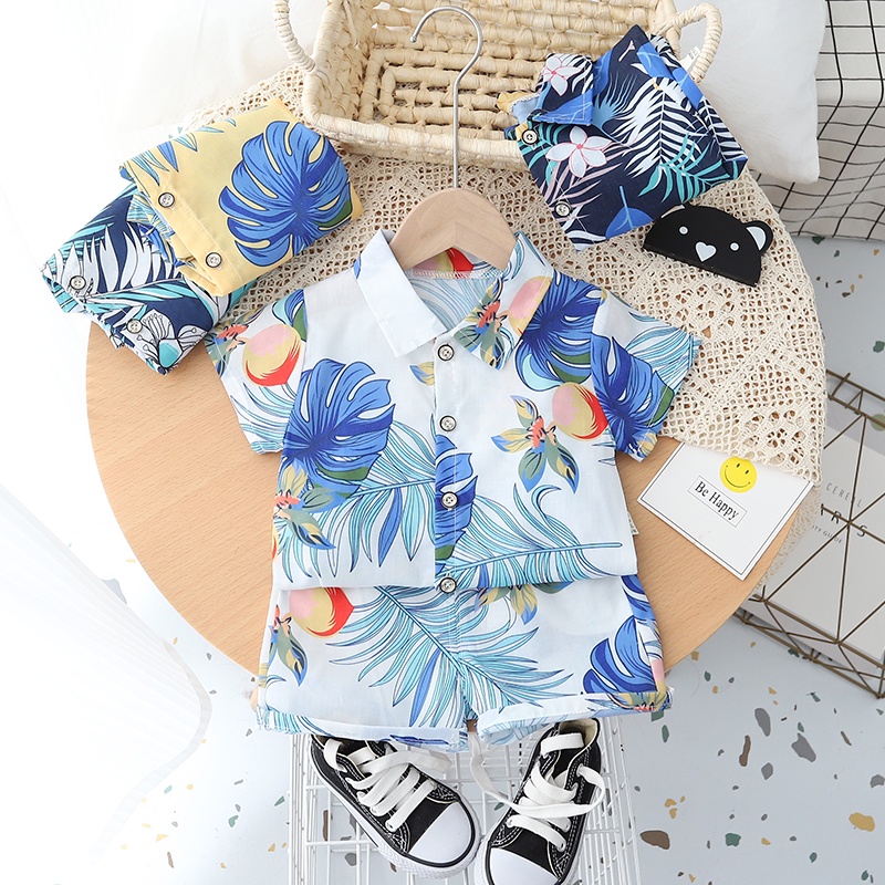 Bộ Áo Sơ Mi Cotton Ngắn Tay + Quần Short Thời Trang Đi Biển Mùa Hè Cho Bé Size 80-120cm
