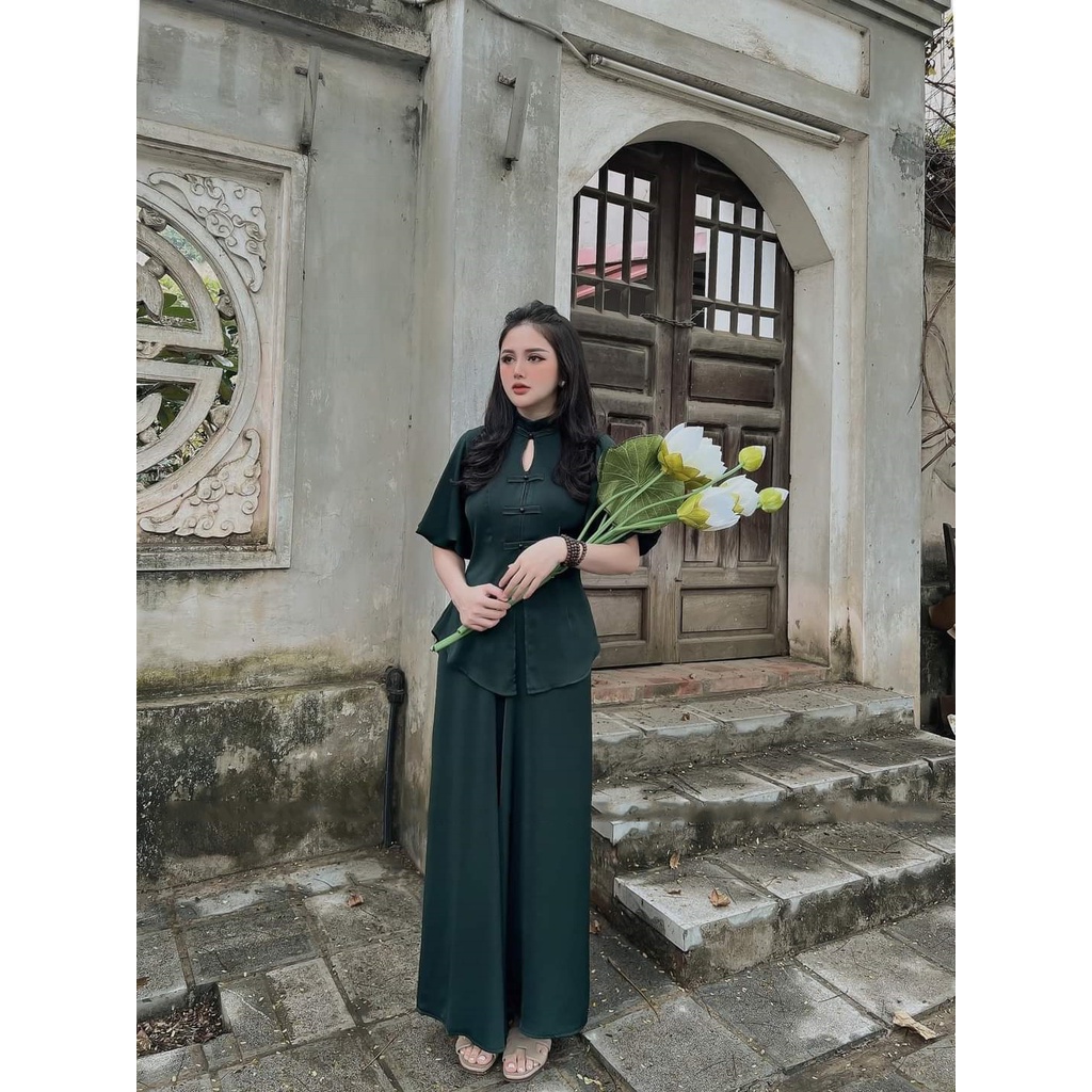Đồ Lam Đi Chùa Nữ - Bộ Đi Lễ Chùa Vải Lụa Siêu Mịn Trang Nhã Kết Nút Tàu Tay Phồng - AL040