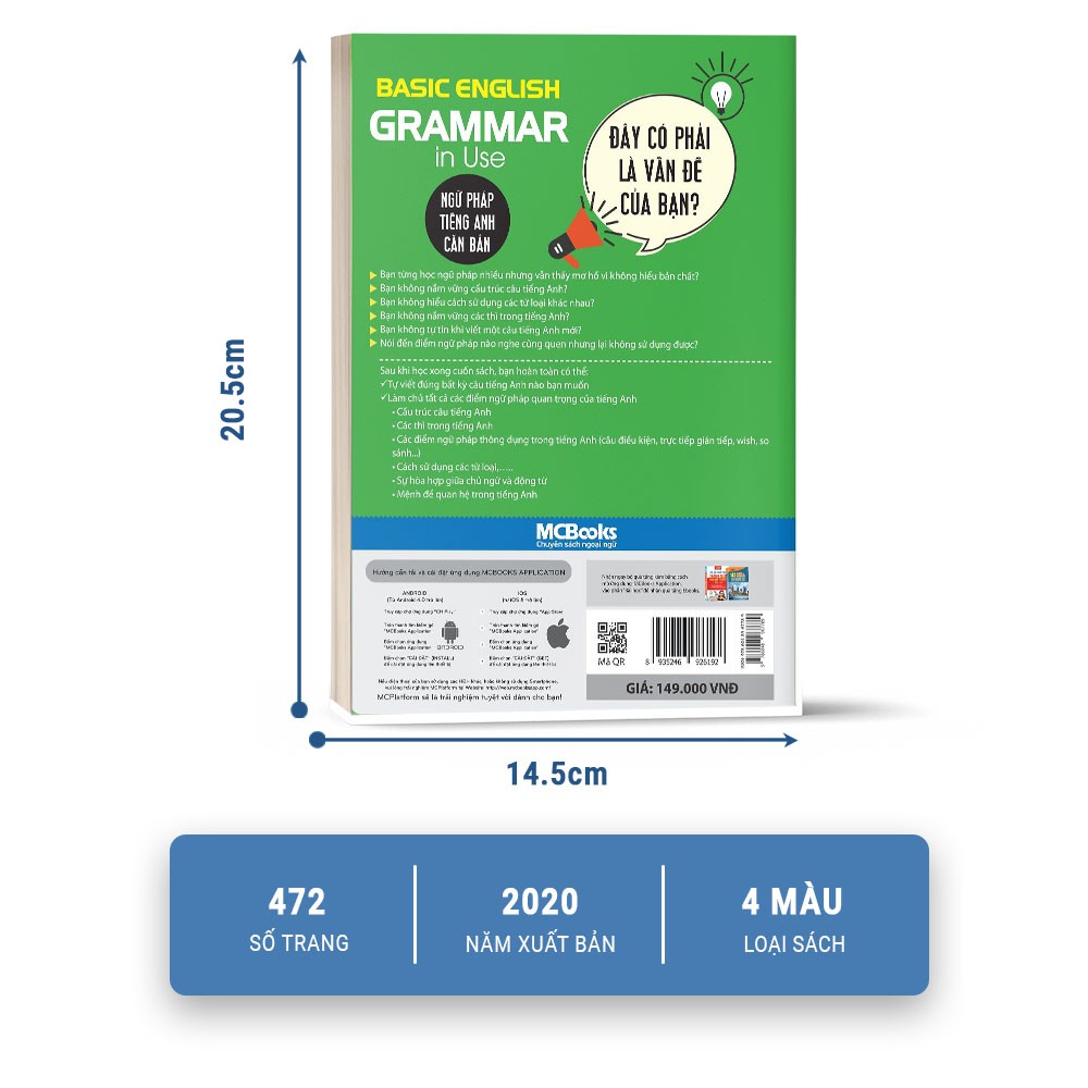 Sách - Ngữ Pháp Tiếng Anh Căn Bản Phiên Bản Bìa Xanh 1 Màu Dành Cho Người Mới Bắt Đầu - Kèm App Học Online