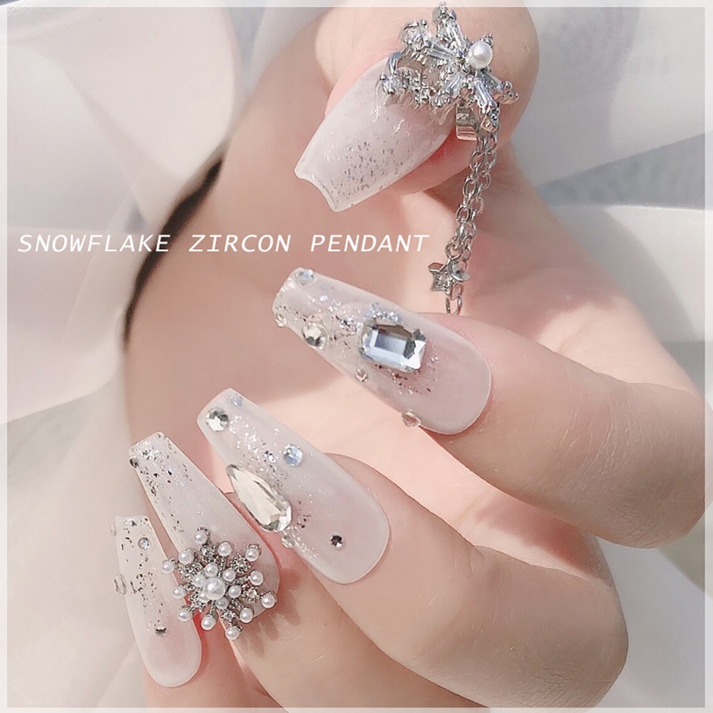 [Hàng mới về] Trang sức trang trí móng tay tự làm đính đá zircon nhân tạo hình bông tuyết 3D sáng bóng