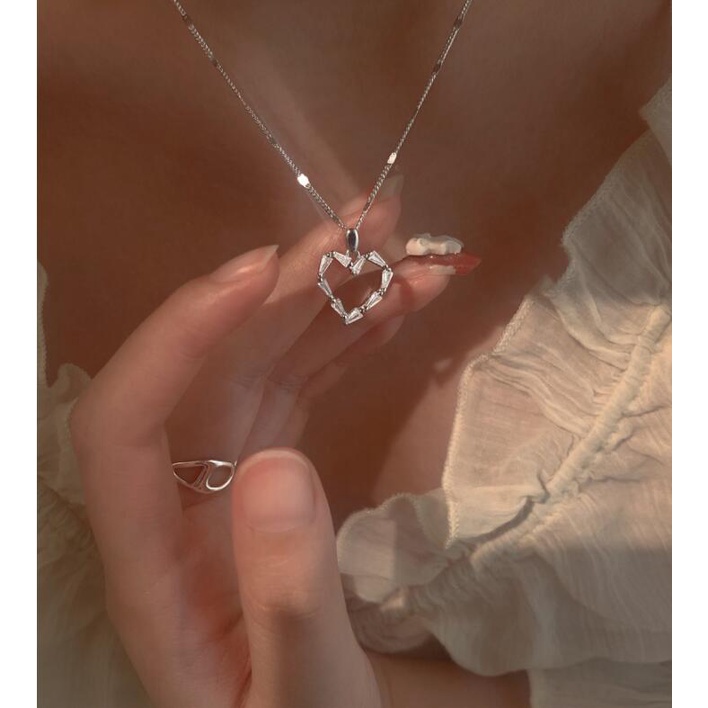 Vòng cổ Mạ Bạc 925 Mặt Hình Trái Tim Đính Đá Pha Lê Thời Trang Cho Nữ