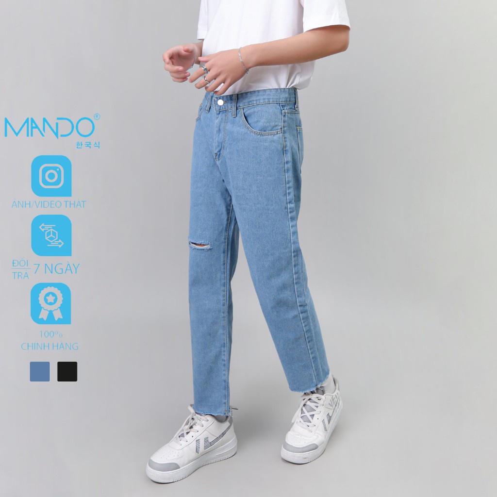 Quần Jean Nam Rách Gối MANDO Vải Bò Cao Cấp 2 Màu Xanh Đen Form Suông Rộng Basic Unisex Thời Trang Hàn Quốc QJN056 - HÀN