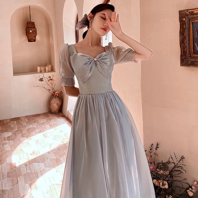 Đầm phù dâu dáng dài màu xám thời trang xuân hè hàng mới