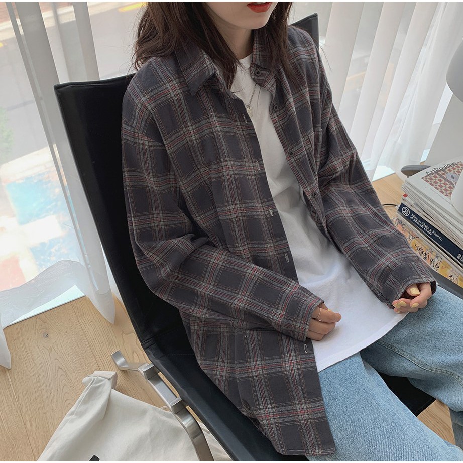 Áo sơ mi họa tiết sọc caro kiểu cổ bé dễ thương cho nữ