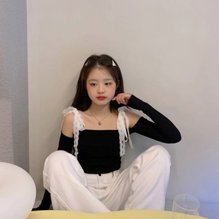 Set áo 2 dây buộc nơ dài tay + quần jeans trắng ống suông khuy điều chỉnh ulzzang Hàn Quốc [Yannie]