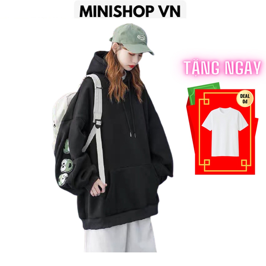 Áo hoodie nỉ trơn màu đen unisex dáng rộng chất nỉ lót bông dày ấm mềm mịn thời trang nam nữ