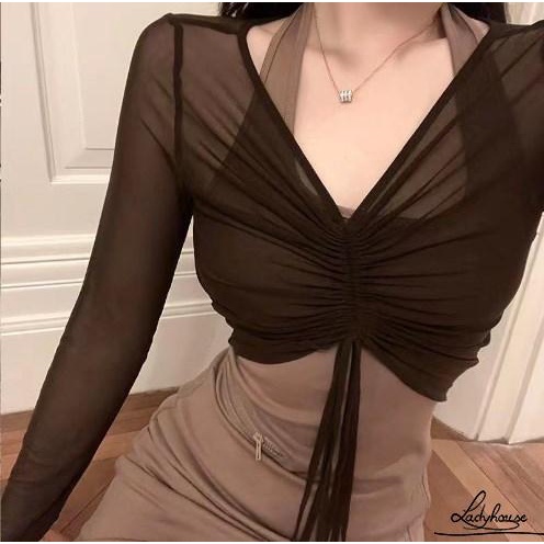 Áo Croptop Tay Dài Cổ Chữ V Xuyên Thấu Màu Trơn Dành Cho Nữ