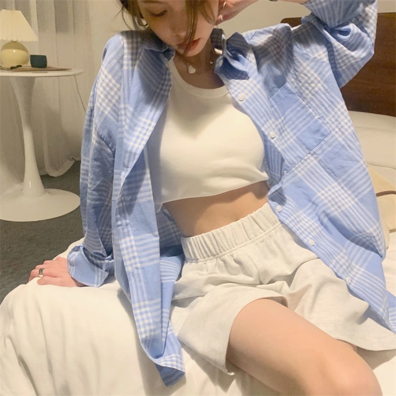 Áo sơ mi tay dài dáng rộng họa tiết sọc caro phong cách Hàn Quốc thời trang cho nữ