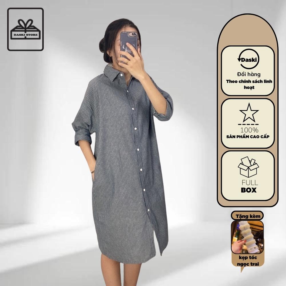 Váy sơ mi kẻ sọc, đầm maxi kẻ cổ bẻ vải thô mềm unisex kèm đai Daski