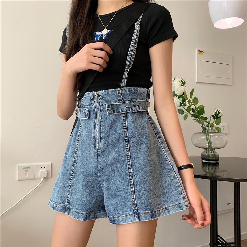 Quần yếm denim ngắn lưng cao phối khóa kéo thời trang