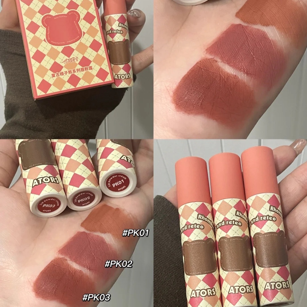 Son kem ATORS Retro Plaid Bear Lip Powder Cream dễ thương mịn lì căng mọng môi ATOR03