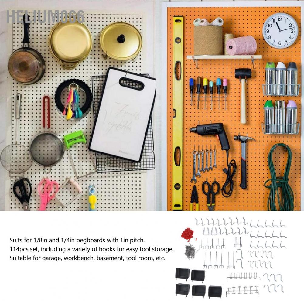 114Pcs móc lên Bộ lưu trữ dụng cụ phân loại móc Pegboard cho Hội thảo tại nhà Helium066