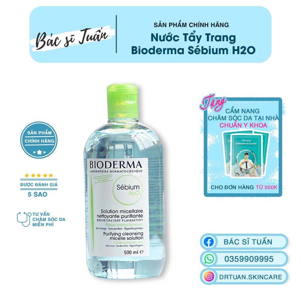 Nước tẩy trang dành cho da dầu nhờn, mụn - Bioderma Sebium H20 (nắp xanh) [CHÍNH HÃNG]