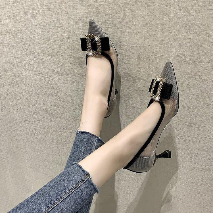 ♨Mesh Pointed High Heels Female Breathable Korean Metal Square Buckle Rhinestone Fashion Single Stiletto 2021 Spring/Summer New Style