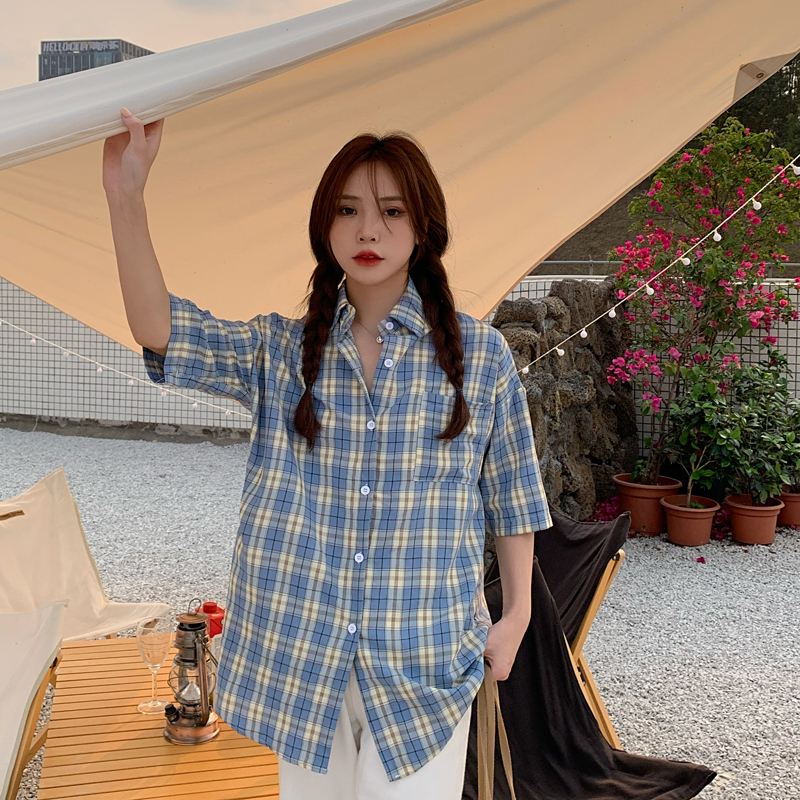 SUXI Áo sơ mi tay ngắn họa tiết caro phong cách Hàn Quốc cá tính cho nữ