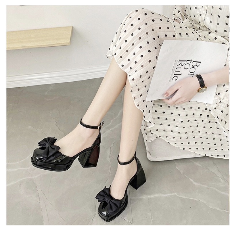 SẴN LẺ SIZE _ Giày cao gót đế trụ phối nơ quai ngọc siêu xinh nữ